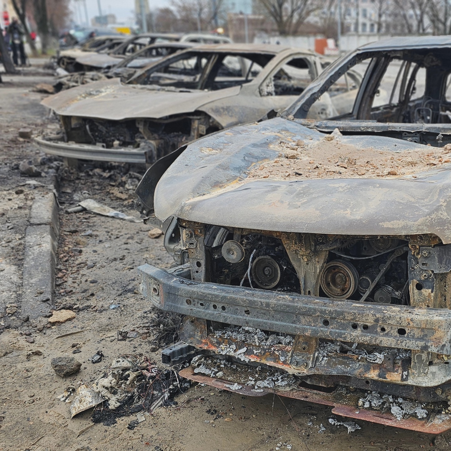 Dozens of charred cars were seen in the Podil district of Kyiv on January 2nd, 2024