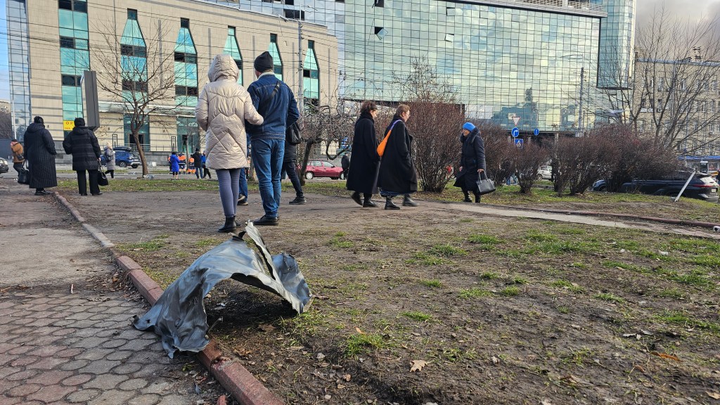 Fragment of a rooftop pulverised by an incoming missile on December 29th, 2023, near Lukianivska subway station, in Kyiv. 